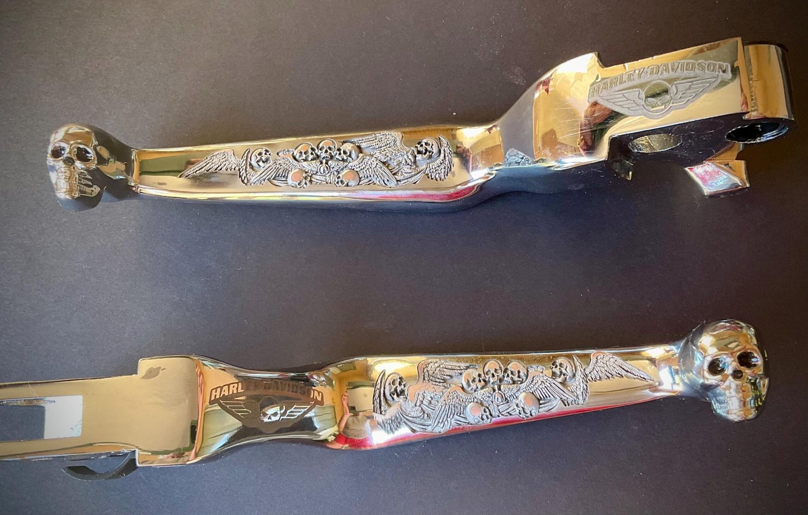 Custom Engraved Harley Hand Controls | Skull & Angel Wings - Image 2