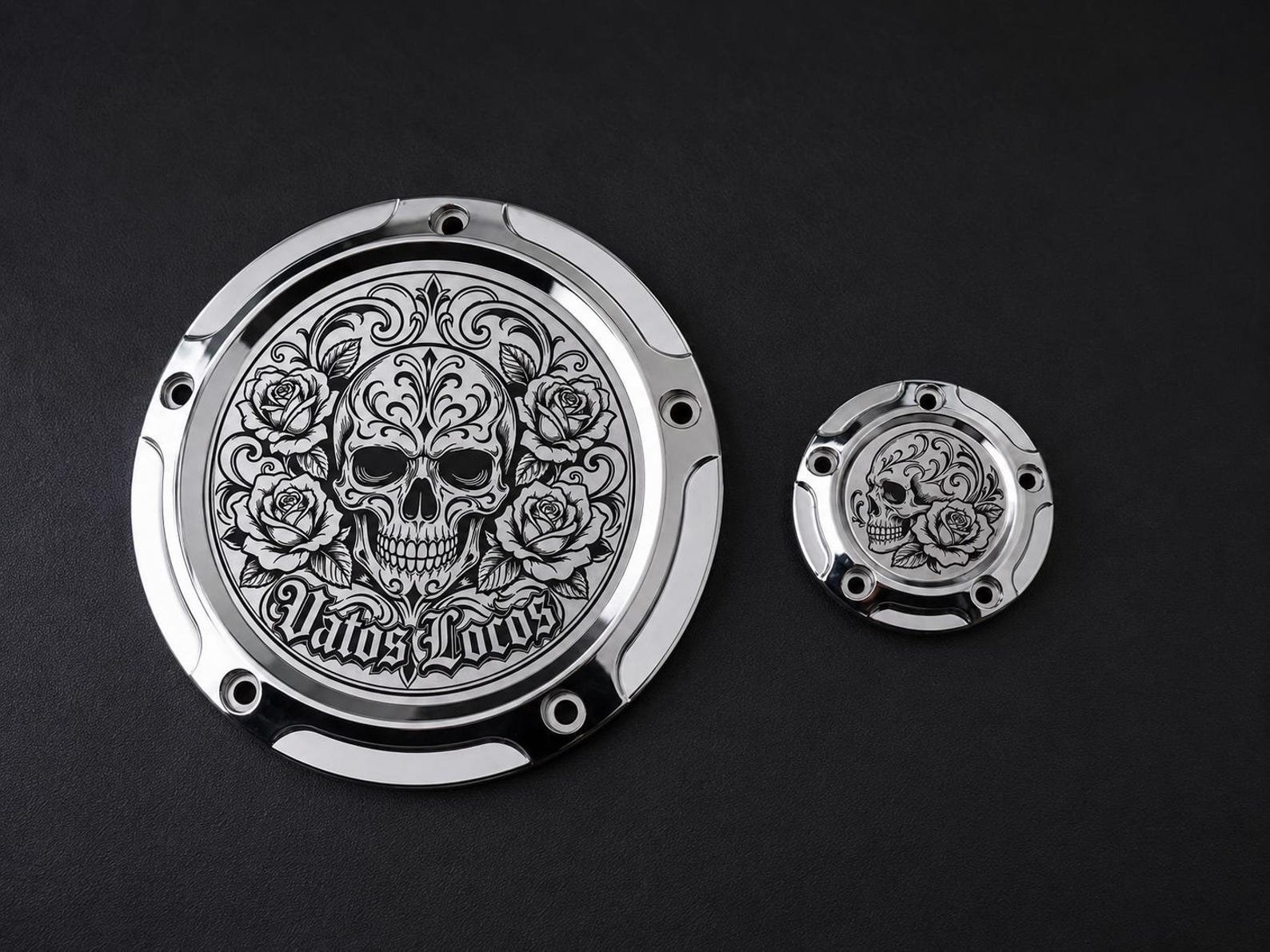 Custom, Chicano, Vicla, Engraved Harley, Derby Cover, Point Cover, custom engraved motorcycle accessory by The Steel Canvas SKU HD-DERB-02