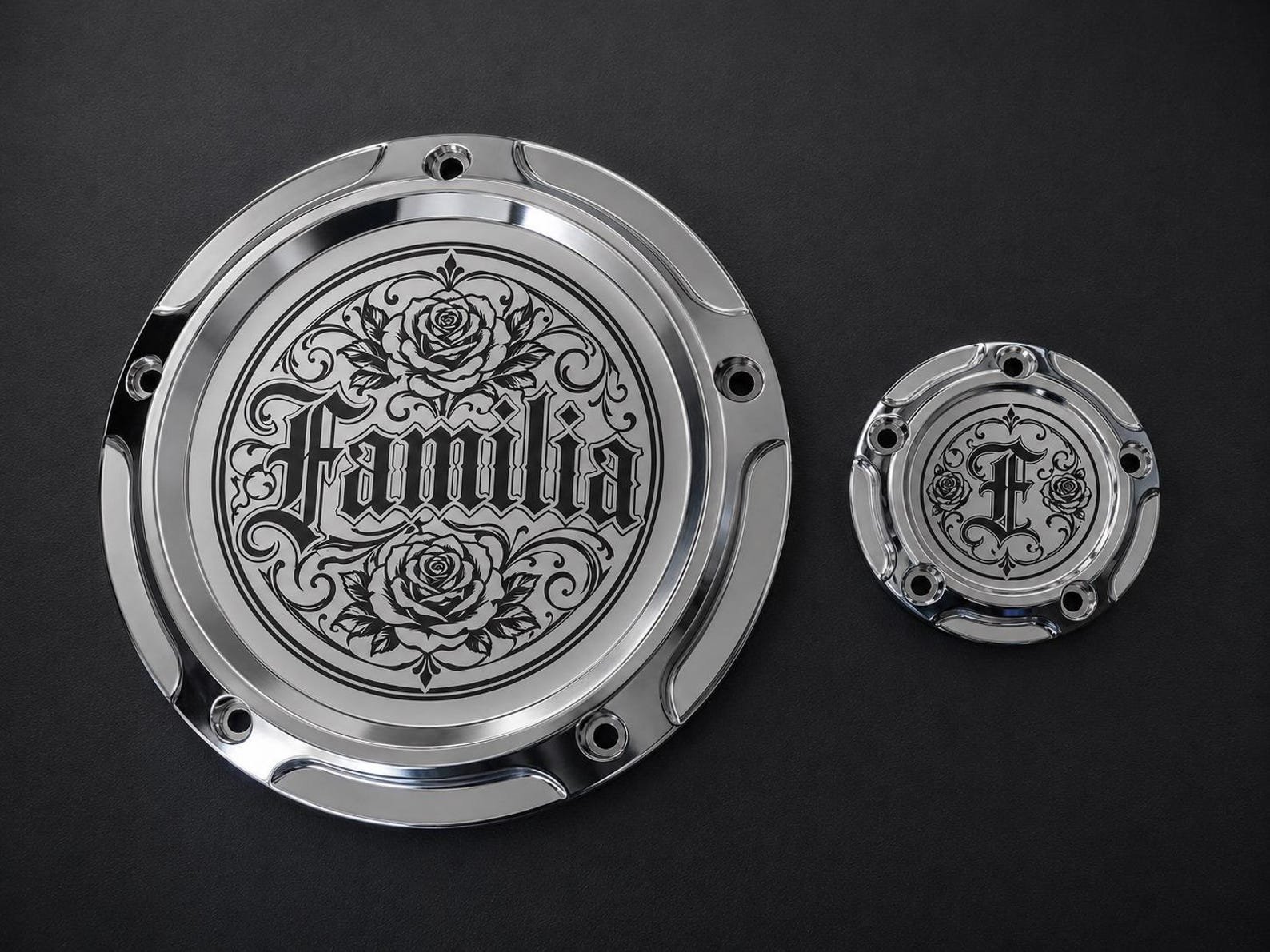 Custom, Chicano, Vicla, Engraved Harley, Derby Cover, Point Cover, custom engraved motorcycle accessory by The Steel Canvas SKU HD-DERB-02