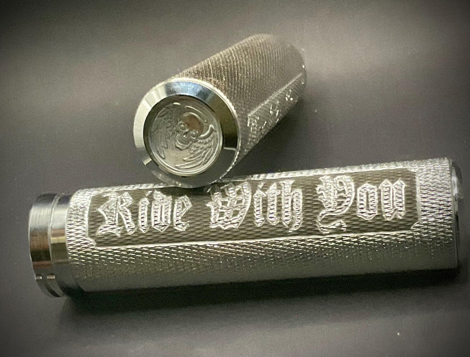 Custom Harley Grips | Hand Engraved Motorcycle Grips custom engraved motorcycle accessory by The Steel Canvas SKU HD-GRIP-01