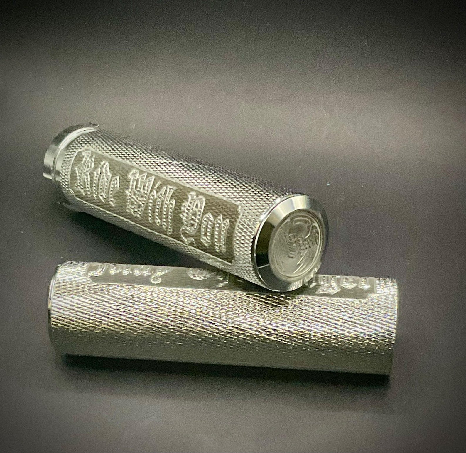 Custom Harley Grips | Hand Engraved Motorcycle Grips custom engraved motorcycle accessory by The Steel Canvas SKU HD-GRIP-01