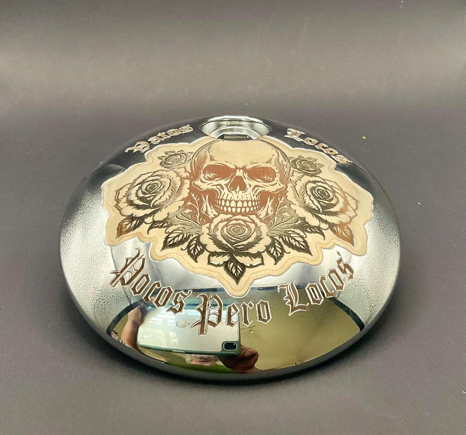 Custom Motorcycle Engraving Service | Harley Style Derby Cover, Horn Cover, Chrome Parts, Skull Roses, Old English Biker Art, Chicano style custom engraved motorcycle accessory by The Steel Canvas SKU HD-Custom-01