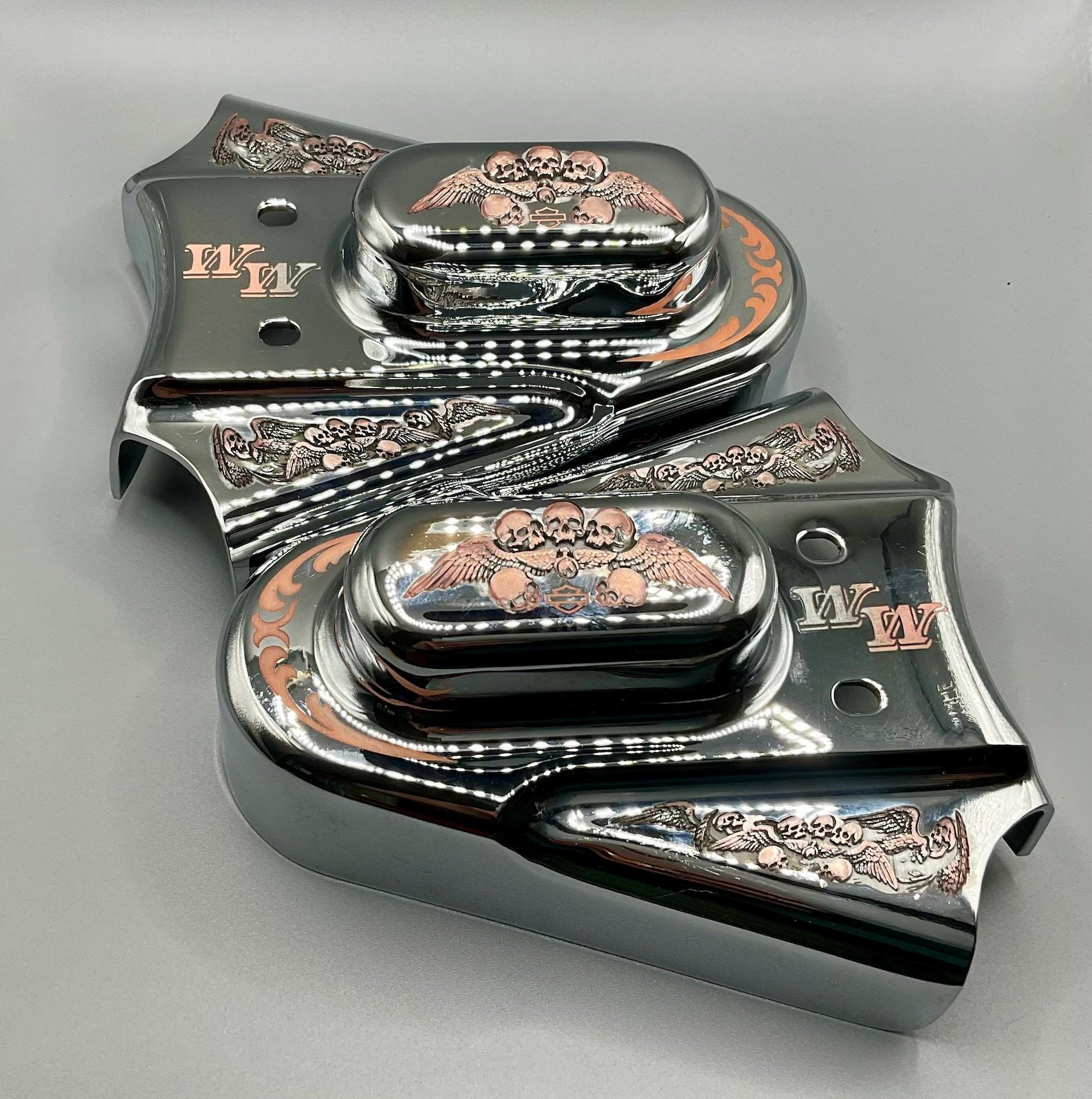 Custom Motorcycle Engraving Service | Harley Style Derby Cover, Horn Cover, Chrome Parts, Skull Roses, Old English Biker Art, Chicano style custom engraved motorcycle accessory by The Steel Canvas SKU HD-Custom-01