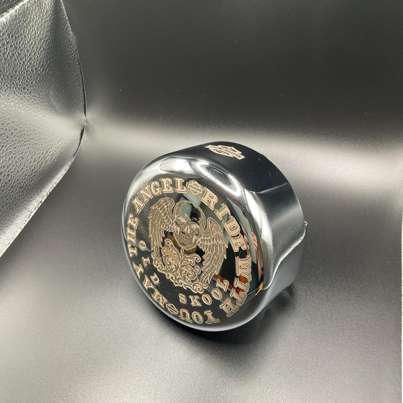 Custom Motorcycle Engraving Service | Harley Style Derby Cover, Horn Cover, Chrome Parts, Skull Roses, Old English Biker Art, Chicano style custom engraved motorcycle accessory by The Steel Canvas SKU HD-Custom-01