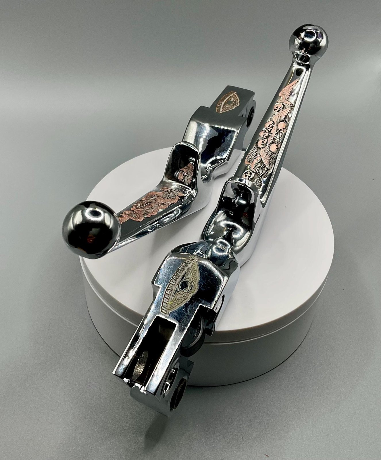 Custom Motorcycle Engraving Service | Harley Style Derby Cover, Horn Cover, Chrome Parts, Skull Roses, Old English Biker Art, Chicano style custom engraved motorcycle accessory by The Steel Canvas SKU HD-Custom-01