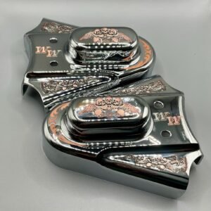 Engraved Skull Wings Rear Axle Bolt Covers – Custom Harley Chrome Upgrade custom engraved motorcycle accessory shown in product photos by The Steel Canvas SKU HD-NUT-02