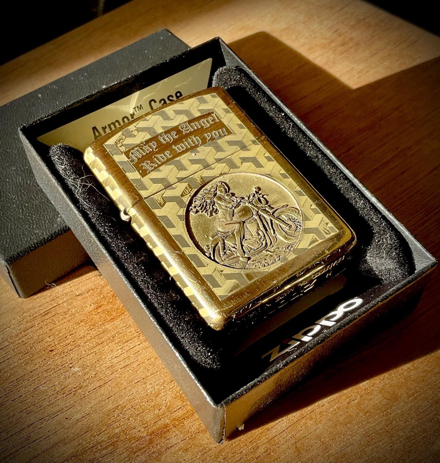 Engraved Zippo Armor Lighter - Biker’s Prayer custom engraved motorcycle accessory shown in product photos by The Steel Canvas SKU ZIP-HD-02