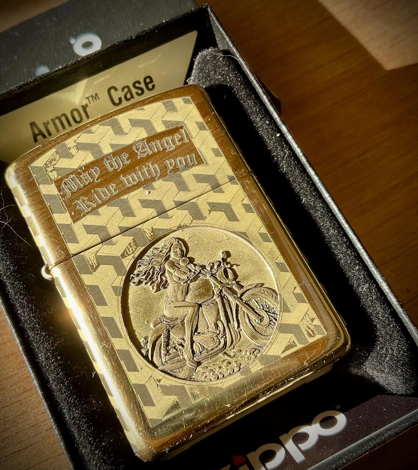 Engraved Zippo Armor Lighter - Biker’s Prayer custom engraved motorcycle accessory shown in product photos by The Steel Canvas SKU ZIP-HD-02