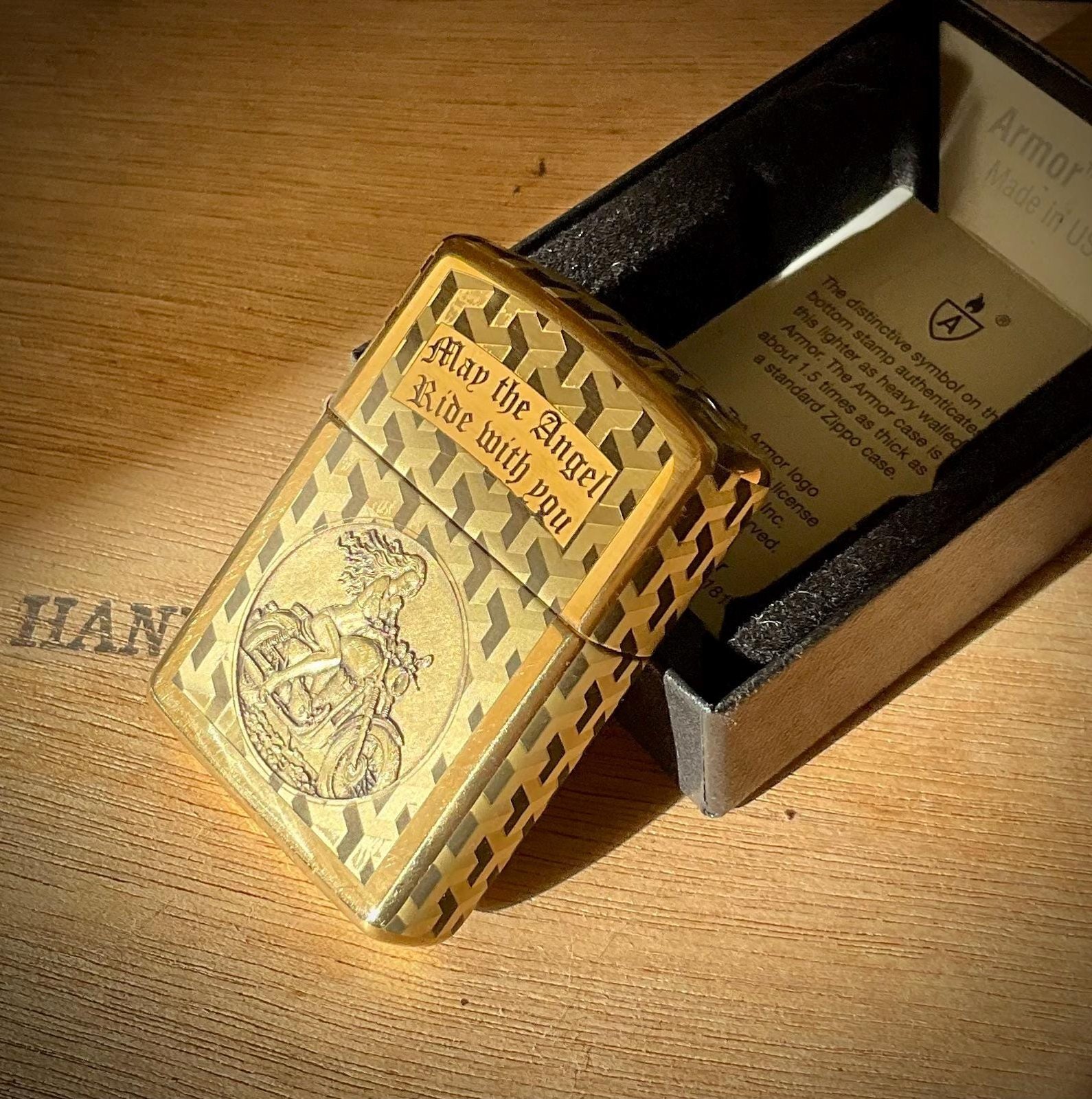 Engraved Zippo Armor Lighter - Biker’s Prayer custom engraved motorcycle accessory shown in product photos by The Steel Canvas SKU ZIP-HD-02