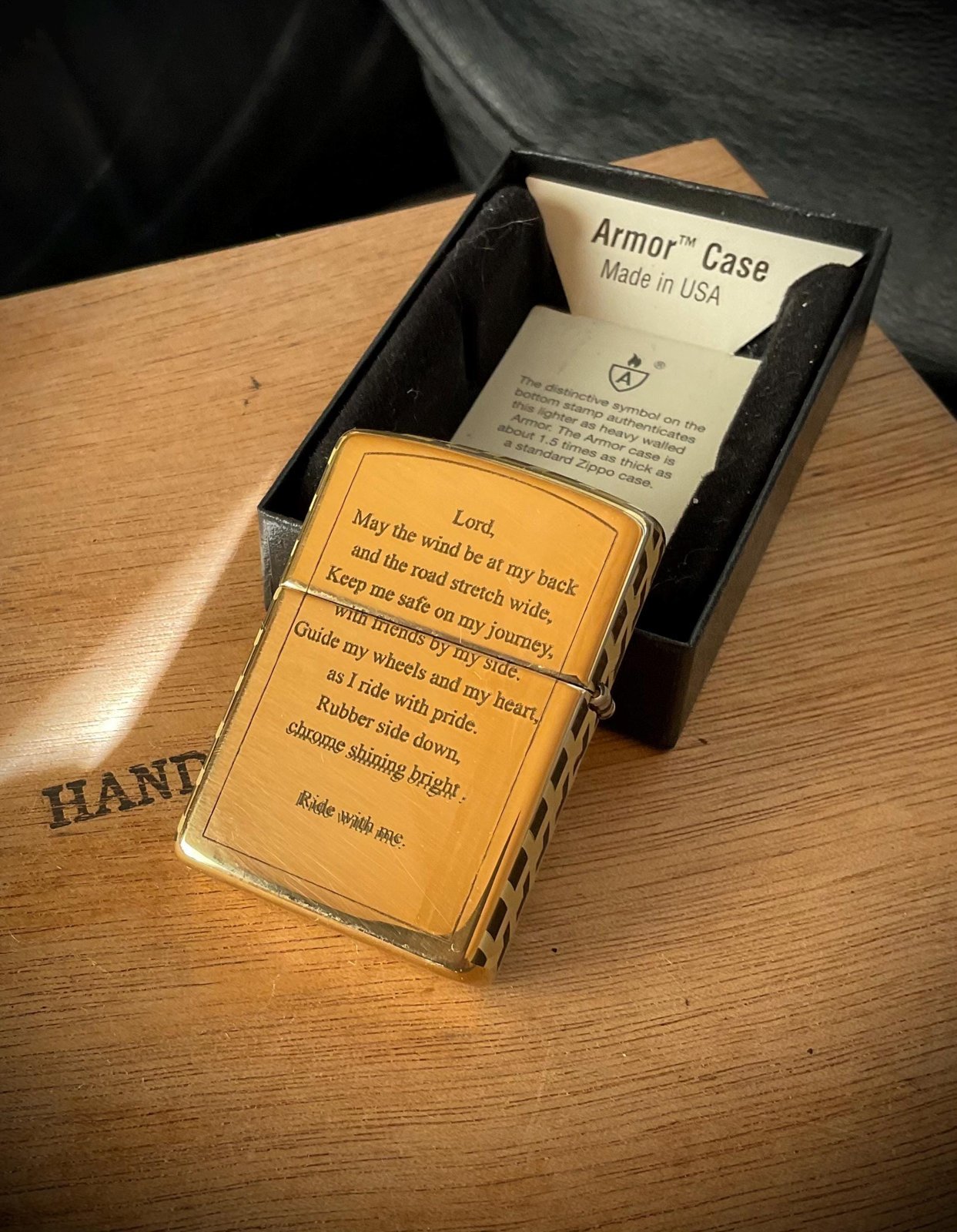 Engraved Zippo Armor Lighter - Biker’s Prayer custom engraved motorcycle accessory shown in product photos by The Steel Canvas SKU ZIP-HD-02
