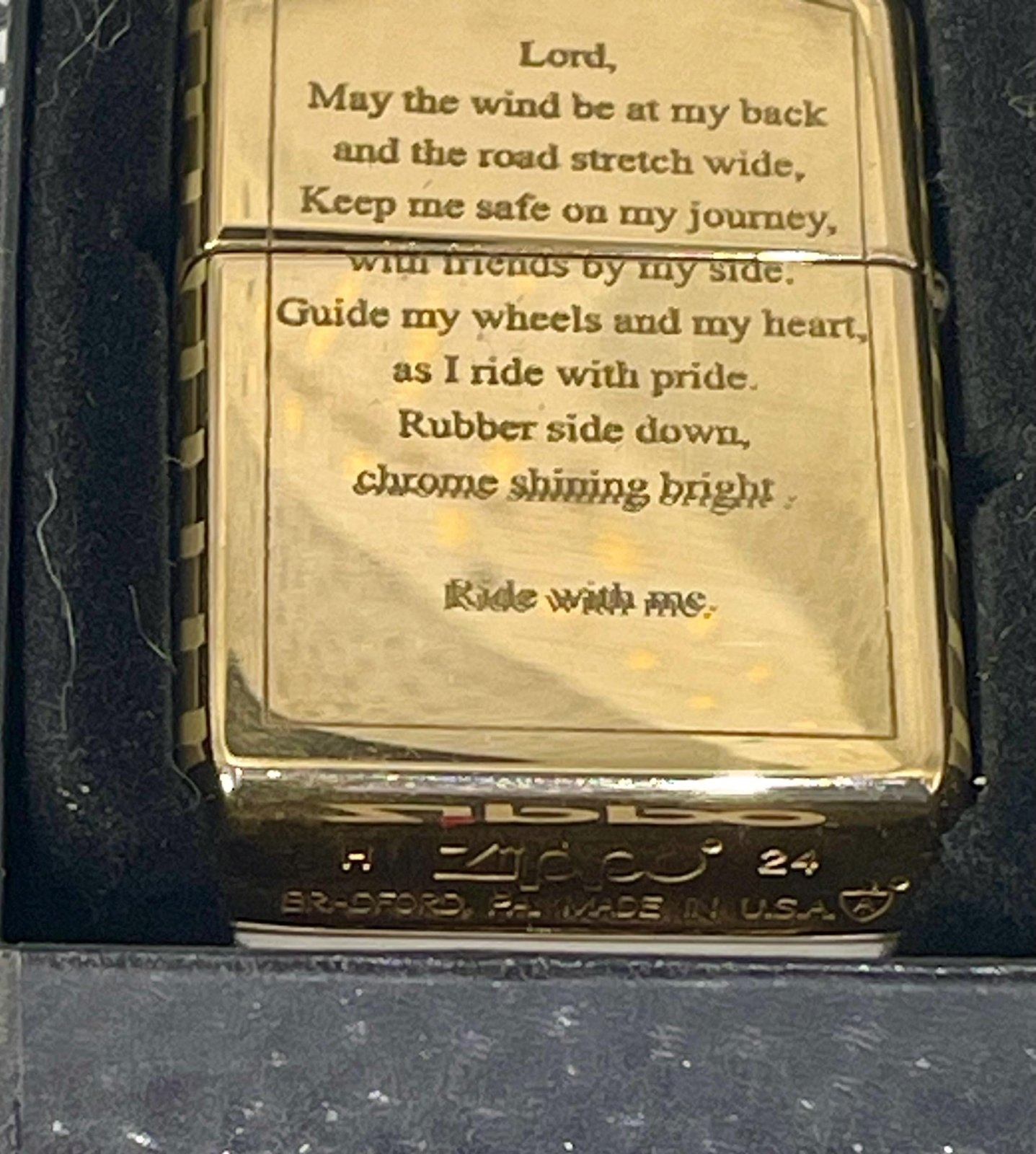 Engraved Zippo Armor Lighter - Biker’s Prayer custom engraved motorcycle accessory shown in product photos by The Steel Canvas SKU ZIP-HD-02