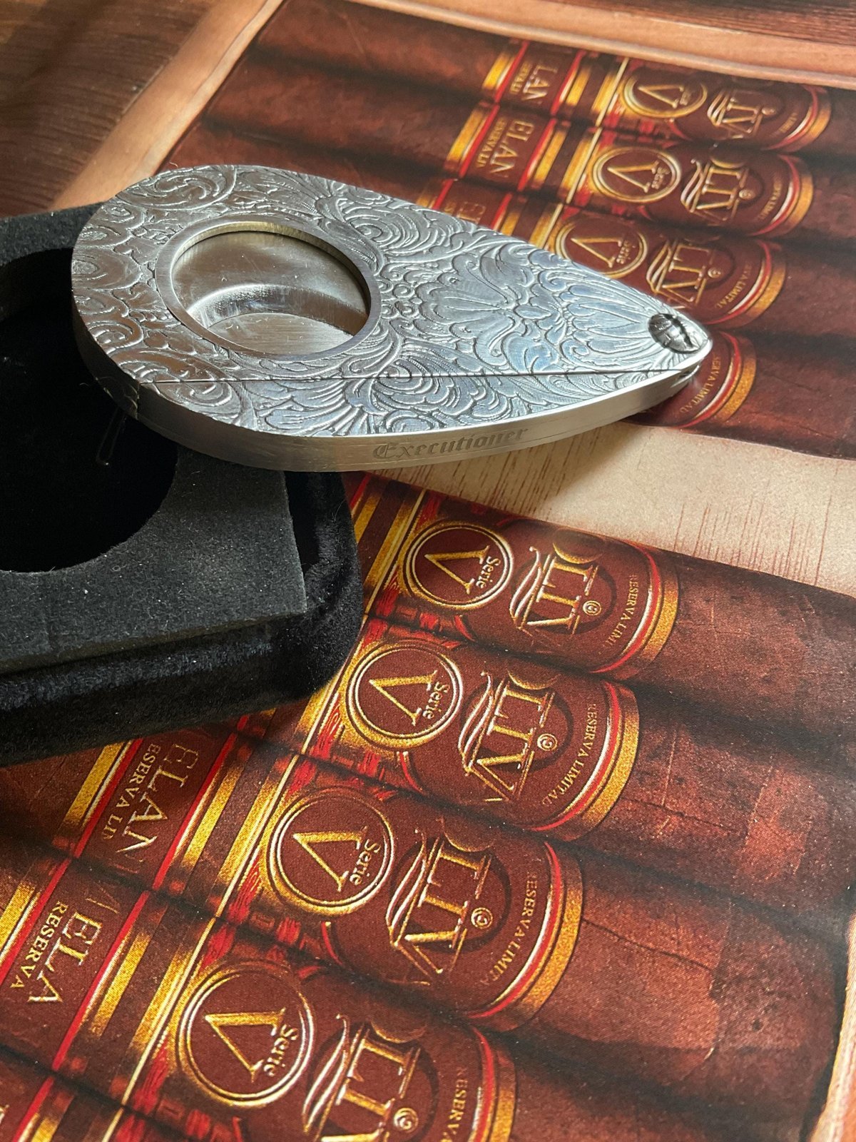 Executioner” – Hand-Engraved Guillotine Cigar Cutter in Steel | Limited Edition SN | Velvet COHIBA Case Included custom engraved custom lighter shown in product photos by The Steel Canvas SKU SIGCUT-01