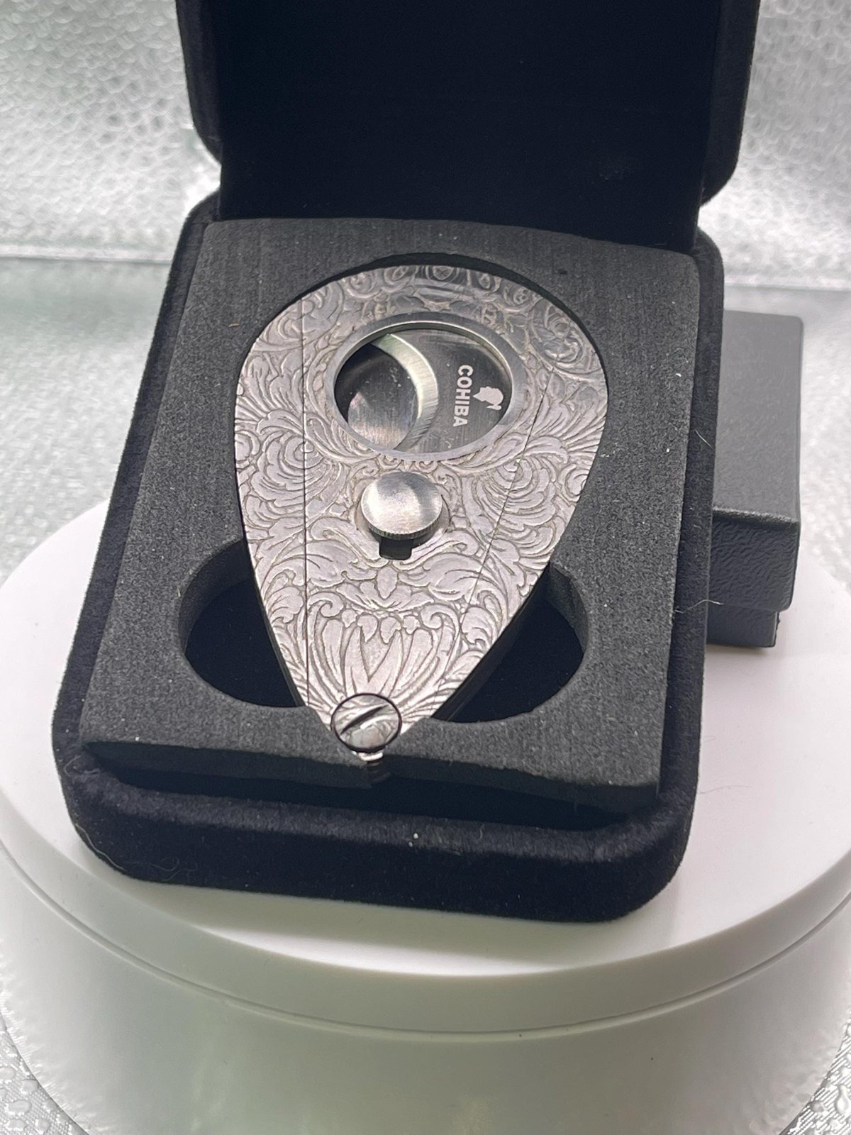 Executioner” – Hand-Engraved Guillotine Cigar Cutter in Steel | Limited Edition SN | Velvet COHIBA Case Included custom engraved custom lighter shown in product photos by The Steel Canvas SKU SIGCUT-01