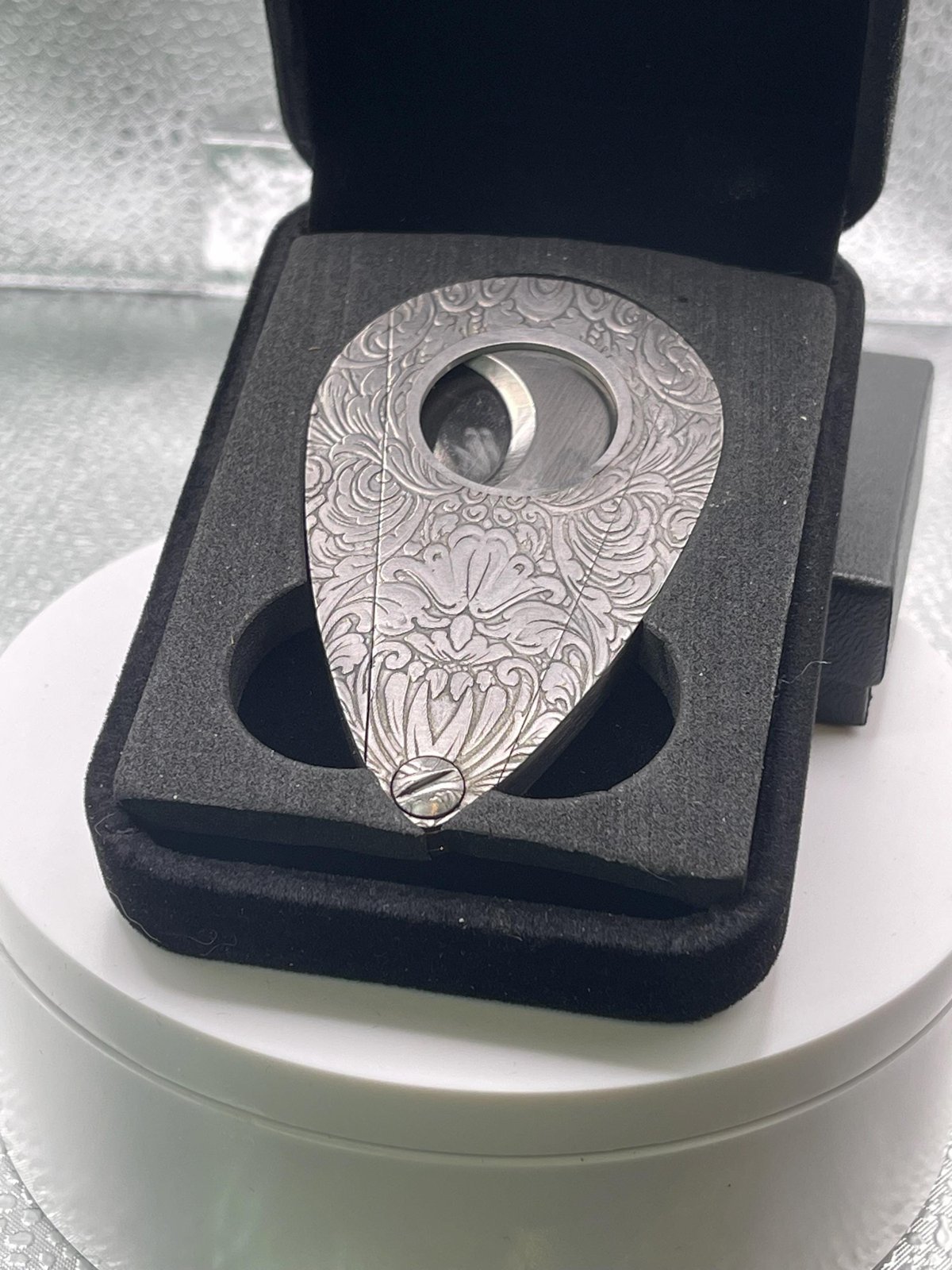 Executioner” – Hand-Engraved Guillotine Cigar Cutter in Steel | Limited Edition SN | Velvet COHIBA Case Included custom engraved custom lighter shown in product photos by The Steel Canvas SKU SIGCUT-01