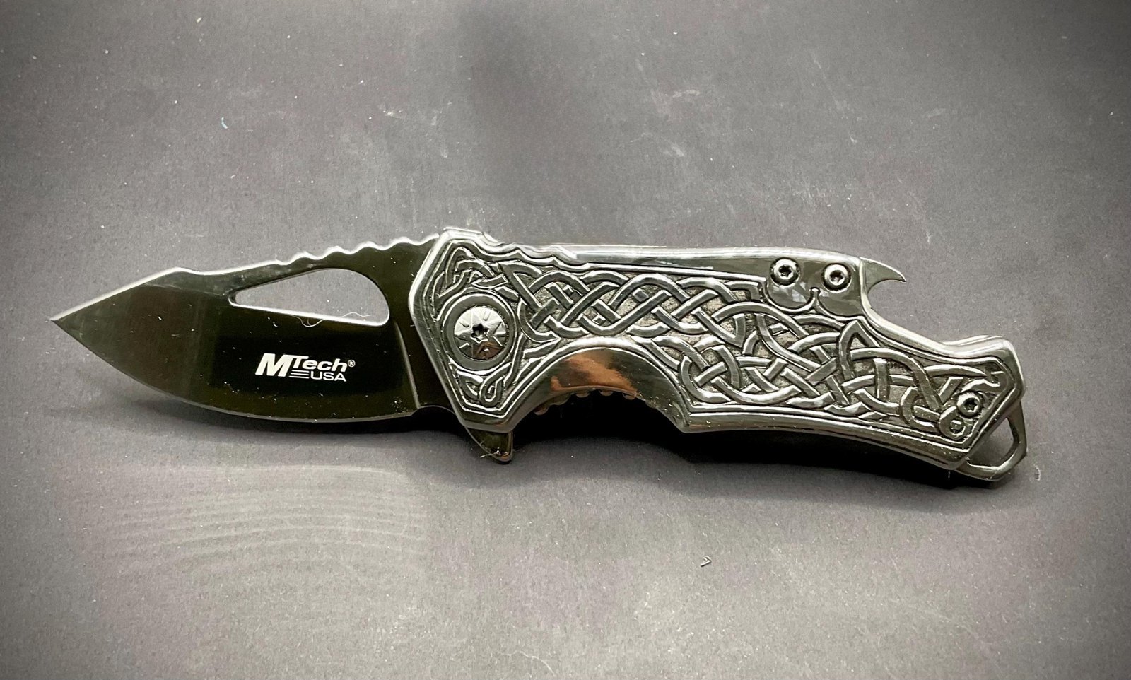 Hand Engraved Celtic Knot Pocket Knife, Signed by Engraver, One of a Kind Custom MTech Knife, Collectible Gift for Him custom engraved custom knife accessory shown in product photos by The Steel Canvas SKU KN-05