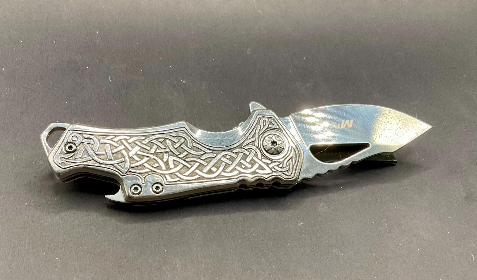 Hand Engraved Celtic Knot Pocket Knife, Signed by Engraver, One of a Kind Custom MTech Knife, Collectible Gift for Him custom engraved custom knife accessory shown in product photos by The Steel Canvas SKU KN-05