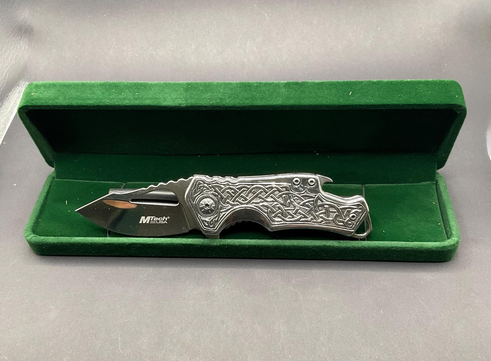 Hand Engraved Celtic Knot Pocket Knife, Signed by Engraver, One of a Kind Custom MTech Knife, Collectible Gift for Him custom engraved custom knife accessory shown in product photos by The Steel Canvas SKU KN-05