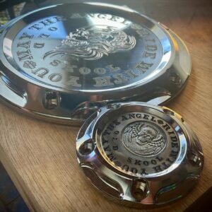 Hand Engraved Chrome Engine Cover Set custom engraved motorcycle accessory by The Steel Canvas SKU HD-DERB-)!