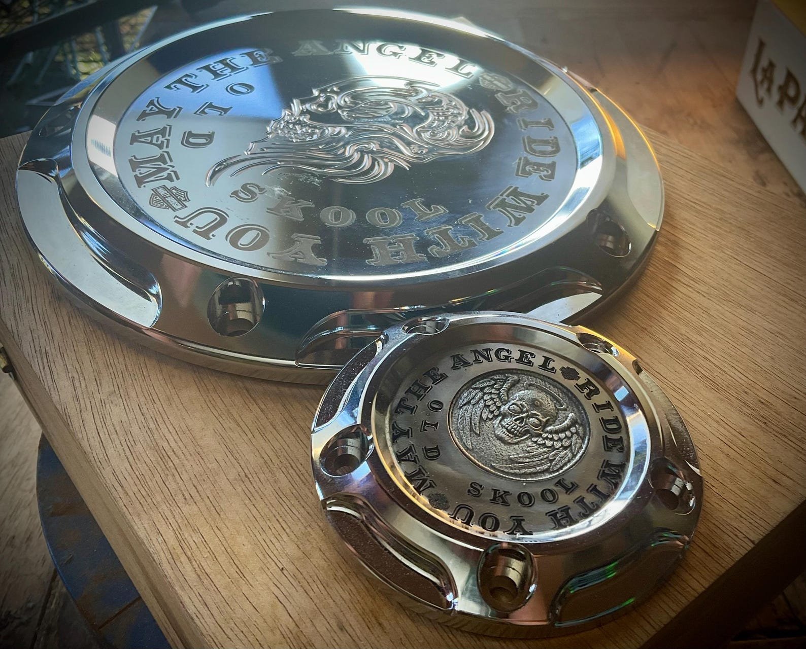 Hand Engraved Chrome Engine Cover Set custom engraved motorcycle accessory by The Steel Canvas SKU HD-DERB-)!