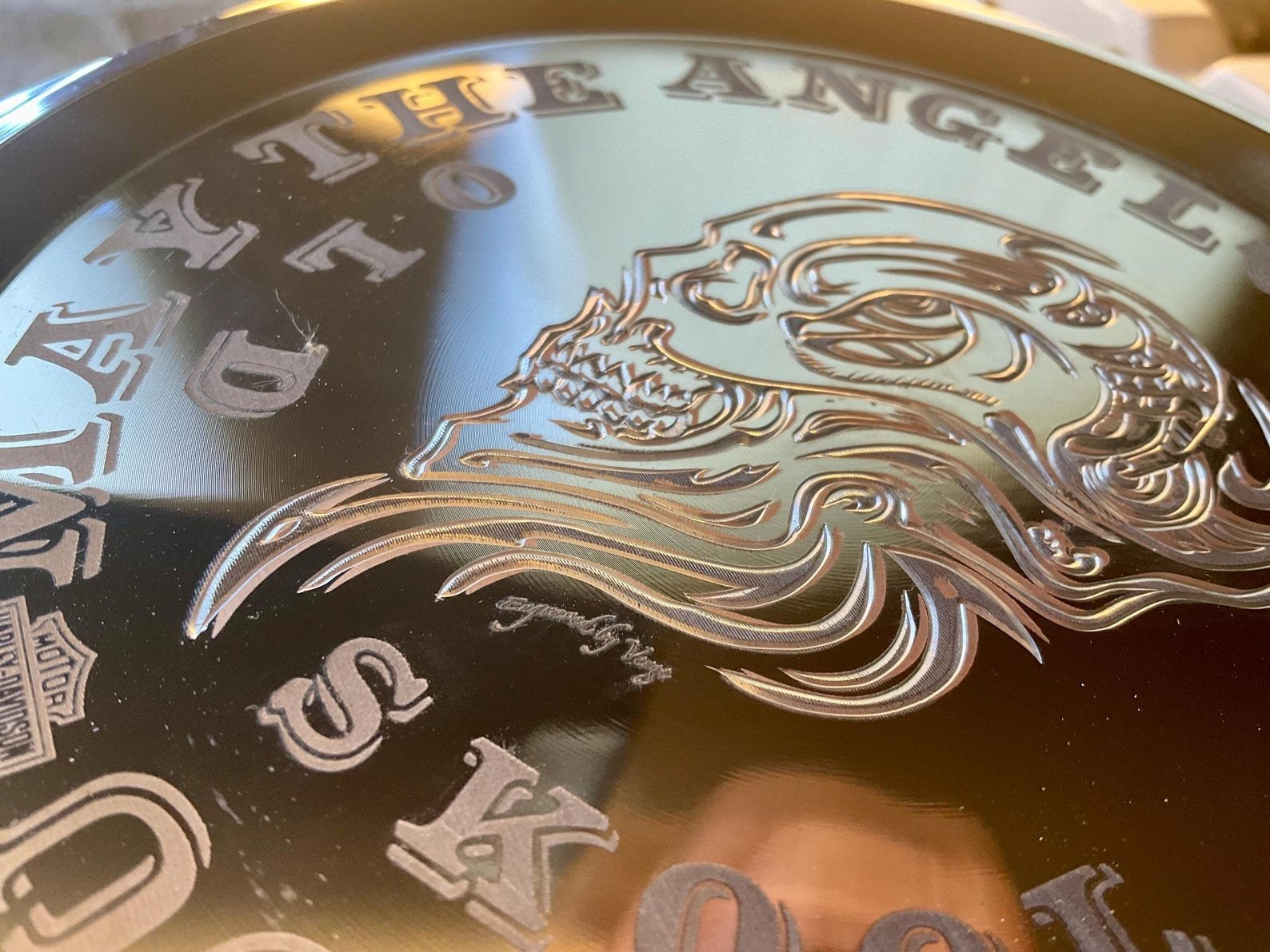 Hand Engraved Chrome Engine Cover Set custom engraved motorcycle accessory by The Steel Canvas SKU HD-DERB-)!