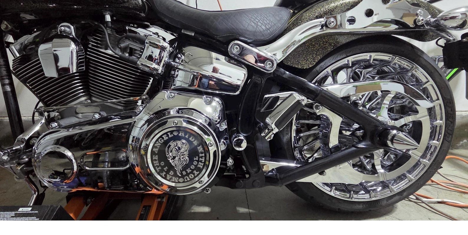 Hand Engraved Chrome Engine Cover Set custom engraved motorcycle accessory by The Steel Canvas SKU HD-DERB-)!