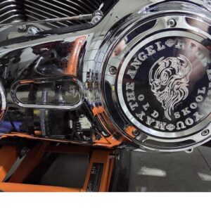 Hand Engraved Chrome Engine Cover Set custom engraved motorcycle accessory by The Steel Canvas SKU HD-DERB-)!