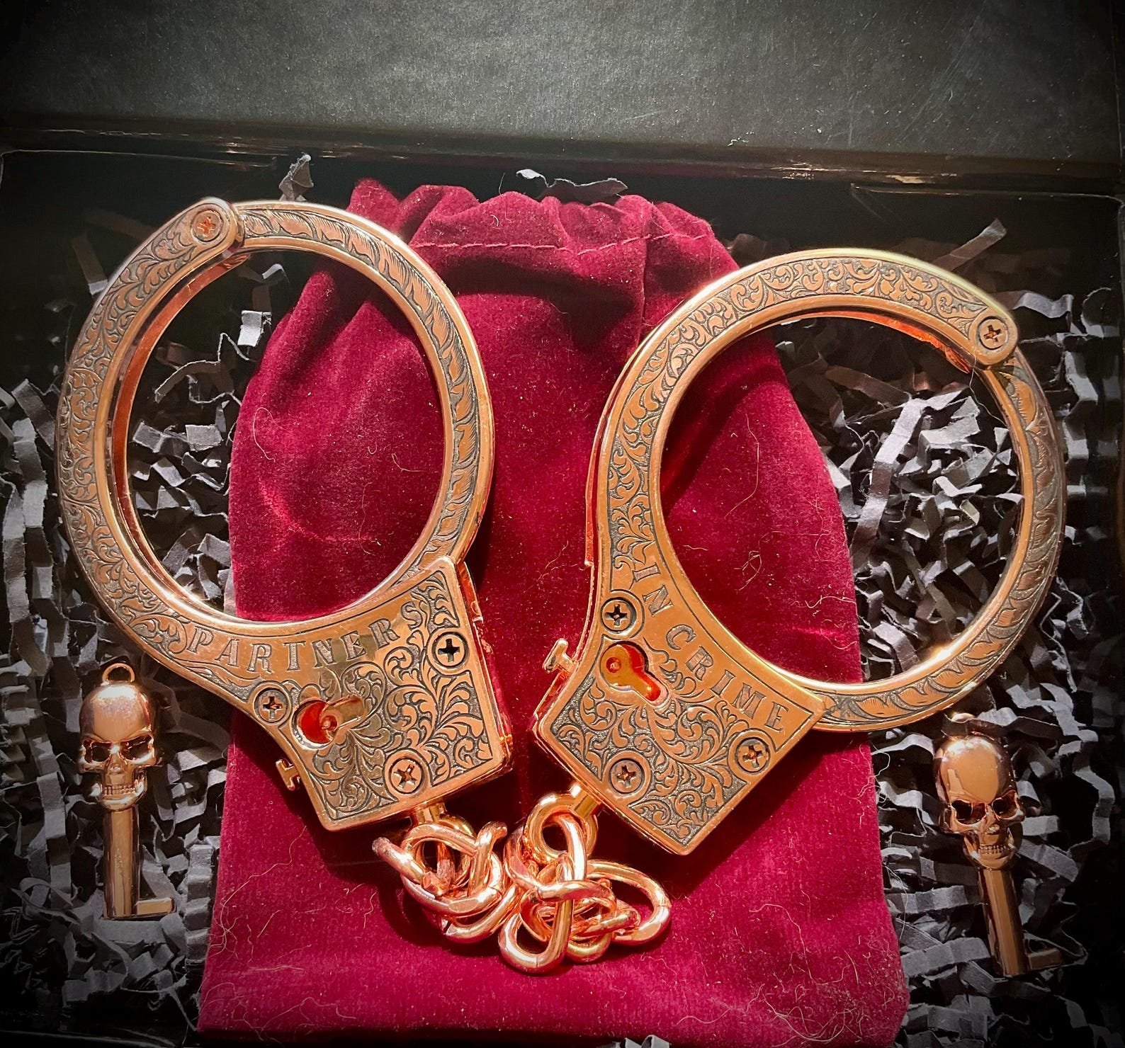 Hand-Engraved "Partners in Crime" Handcuffs custom engraved memorial piece by The Steel Canvas SKU MEM-03