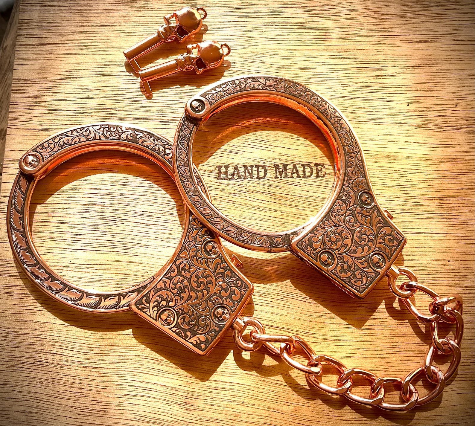 Hand-Engraved "Partners in Crime" Handcuffs custom engraved memorial piece by The Steel Canvas SKU MEM-03