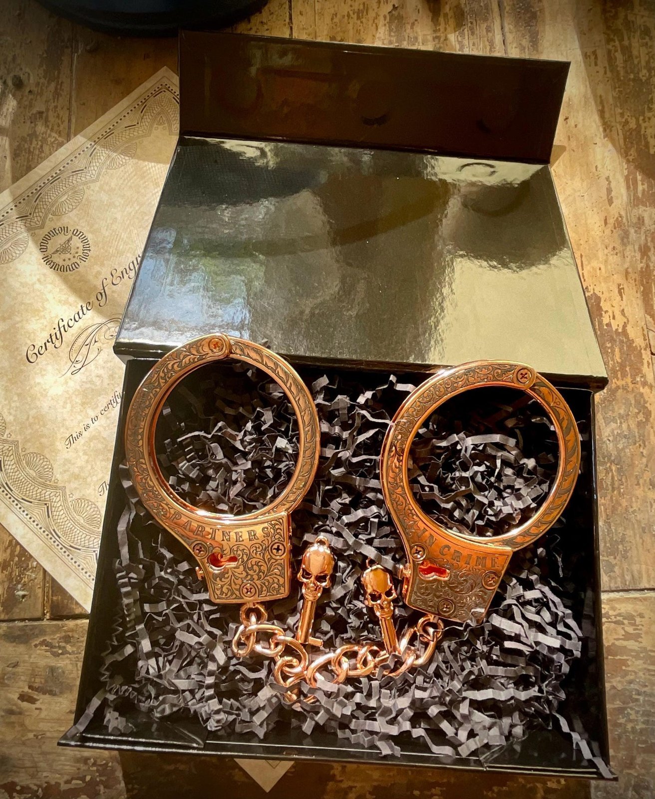 Hand-Engraved "Partners in Crime" Handcuffs custom engraved memorial piece by The Steel Canvas SKU MEM-03