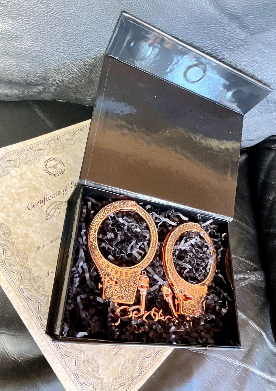 Hand-Engraved "Partners in Crime" Handcuffs custom engraved memorial piece by The Steel Canvas SKU MEM-03
