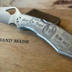 Hand-Engraved Spyderco Knife – Harley Biker, “May the Angel Ride With You” custom engraved motorcycle accessory shown in product photos by The Steel Canvas SKU KN-03