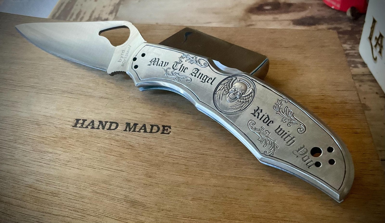 Hand-Engraved Spyderco Knife – Harley Biker, “May the Angel Ride With You” custom engraved motorcycle accessory shown in product photos by The Steel Canvas SKU KN-03