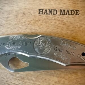 Hand-Engraved Spyderco Knife – Harley Biker, “May the Angel Ride With You” custom engraved motorcycle accessory shown in product photos by The Steel Canvas SKU KN-03