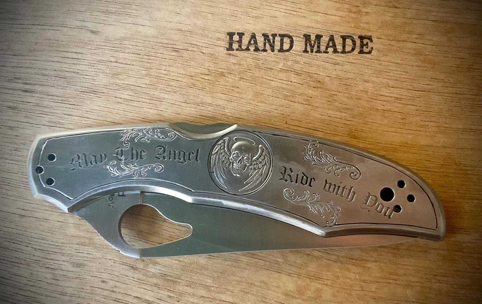 Hand-Engraved Spyderco Knife – Harley Biker, “May the Angel Ride With You” custom engraved motorcycle accessory shown in product photos by The Steel Canvas SKU KN-03
