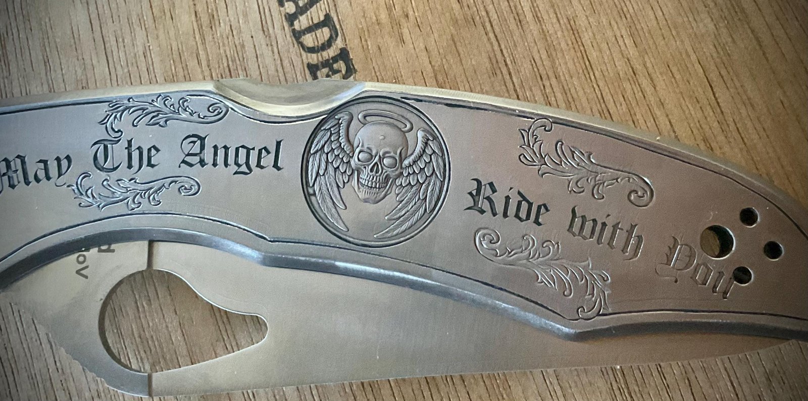 Hand-Engraved Spyderco Knife – Harley Biker, “May the Angel Ride With You” custom engraved motorcycle accessory shown in product photos by The Steel Canvas SKU KN-03