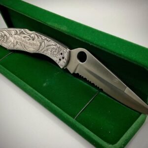 Hand Engraved Spyderco Police Knife – Deep Scrollwork, “May the Angel Ride With You” custom engraved custom knife accessory shown in product photos by The Steel Canvas SKU KN-04