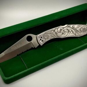 Hand Engraved Spyderco Police Knife – Deep Scrollwork, “May the Angel Ride With You” custom engraved custom knife accessory shown in product photos by The Steel Canvas SKU KN-04