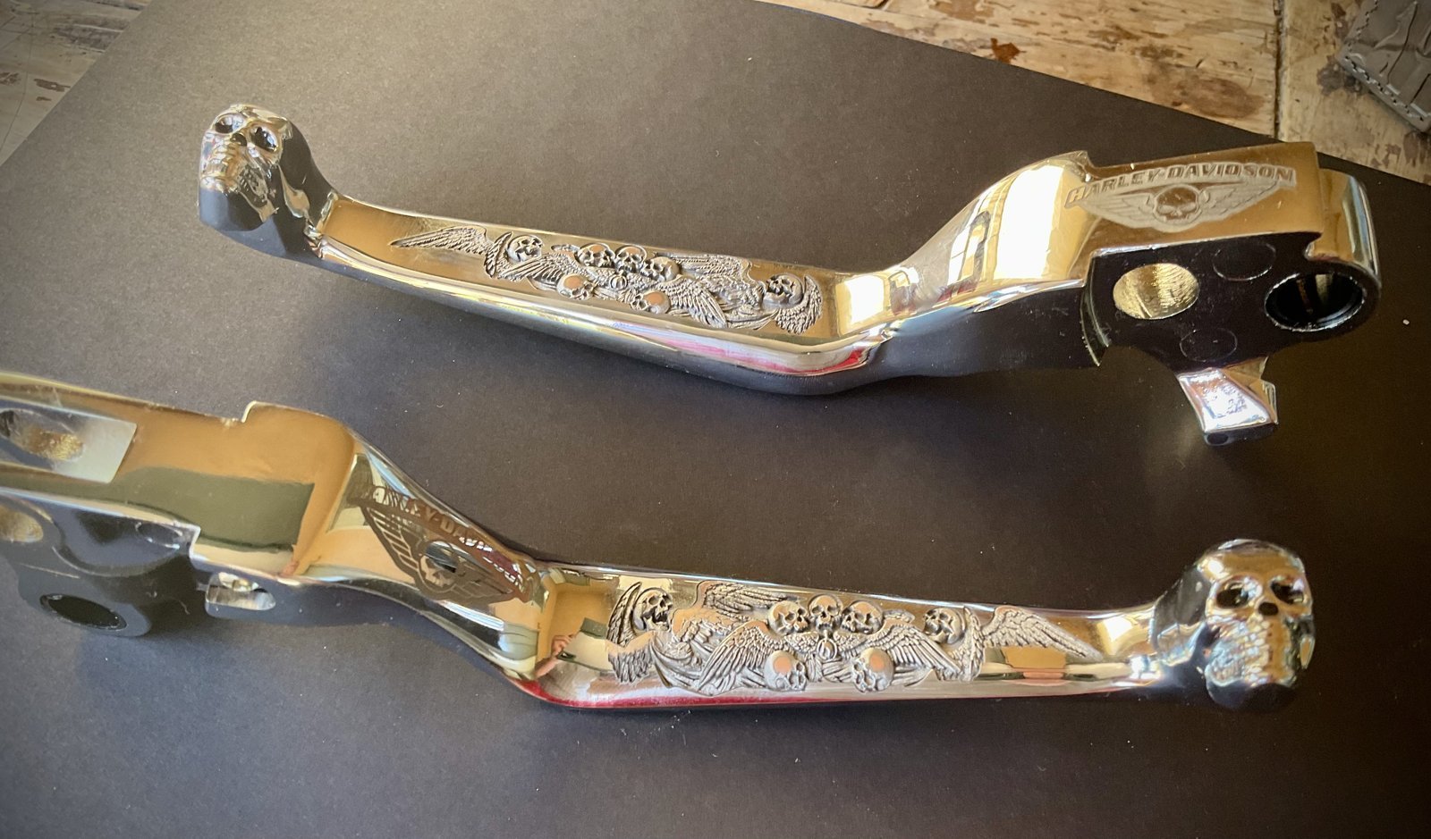 Hand Engraved Harley Skull Levers | Winged Skull