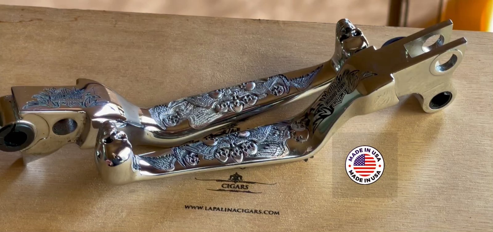 Hand Engraved Harley Skull Levers | Winged Skull - Image 3
