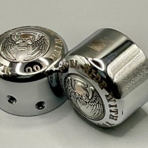 Harley Front Axle Nut Covers – Angel Skull Engraved Chrome Caps (Pair) custom engraved motorcycle accessory by The Steel Canvas SKU HD-NUT-o1