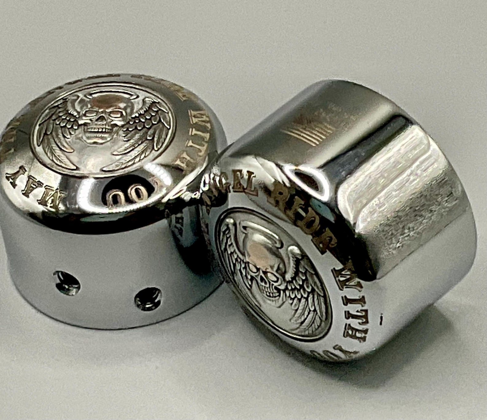Harley Front Axle Nut Covers – Angel Skull Engraved Chrome Caps (Pair) custom engraved motorcycle accessory by The Steel Canvas SKU HD-NUT-o1