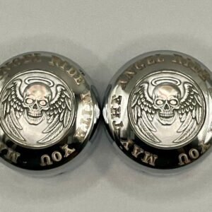 Harley Front Axle Nut Covers – Angel Skull Engraved Chrome Caps (Pair) custom engraved motorcycle accessory by The Steel Canvas SKU HD-NUT-o1