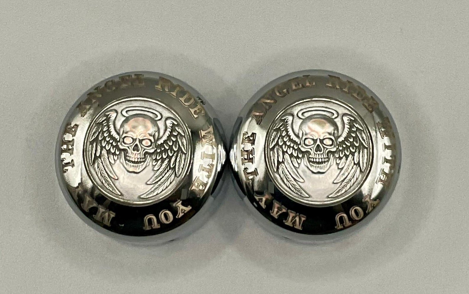 Harley Front Axle Nut Covers – Angel Skull Engraved Chrome Caps (Pair) custom engraved motorcycle accessory by The Steel Canvas SKU HD-NUT-o1
