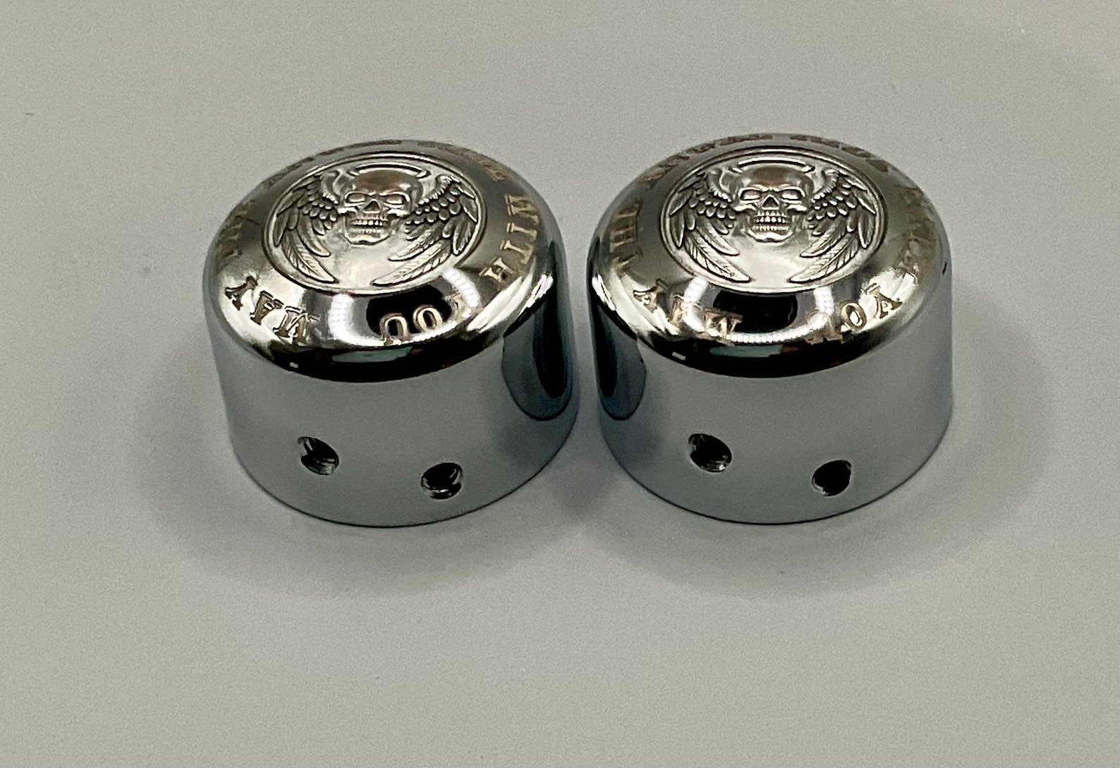 Harley Front Axle Nut Covers – Angel Skull Engraved Chrome Caps (Pair) custom engraved motorcycle accessory by The Steel Canvas SKU HD-NUT-o1