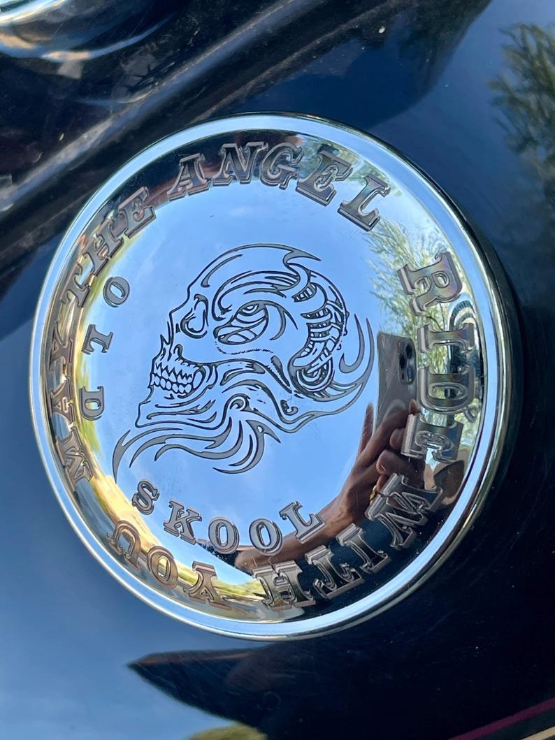 Harley Gas Cap custom engraved motorcycle accessory with product video reference by The Steel Canvas SKU HD-Gas-01