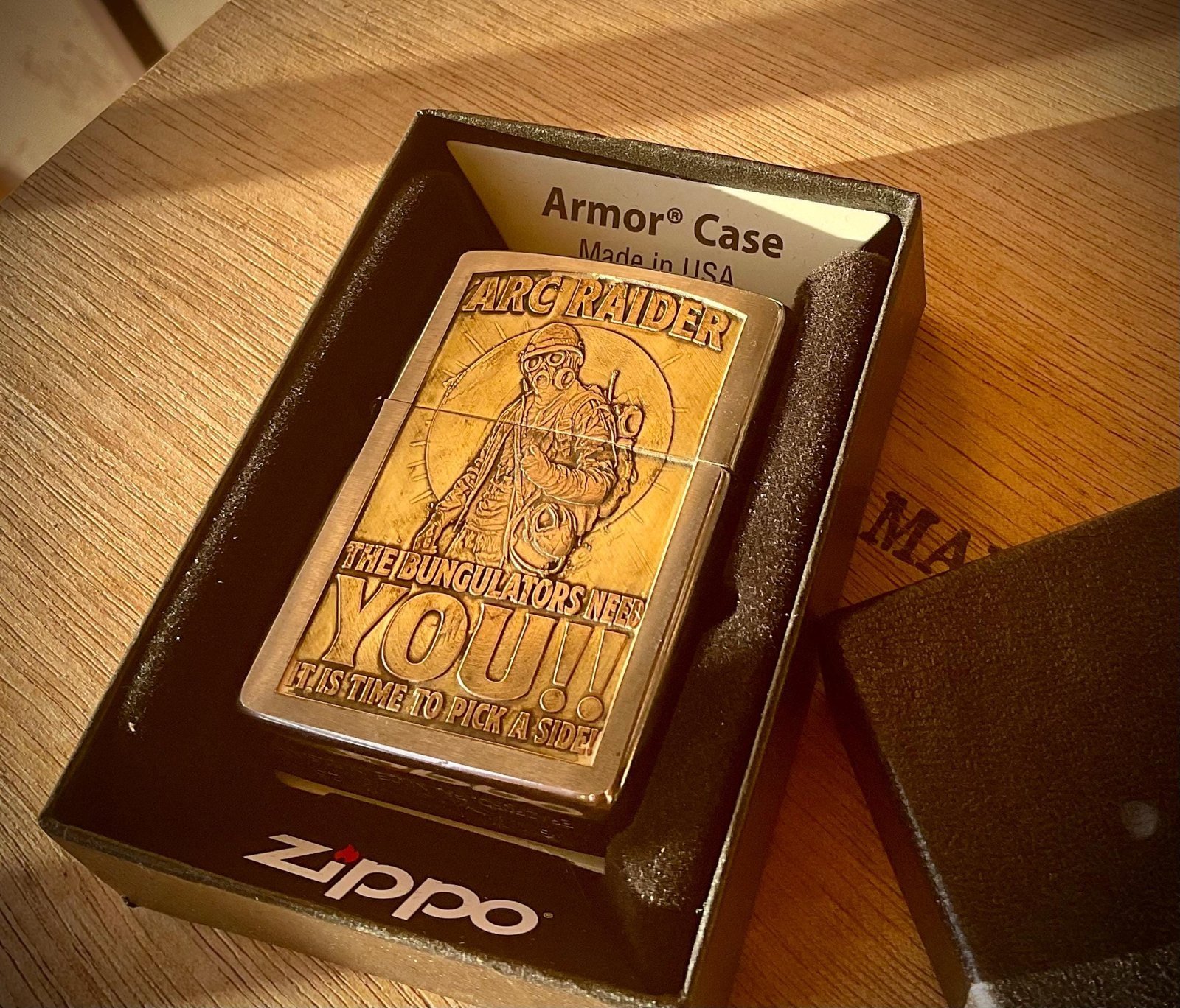 One-of-a-Kind ARC Raiders Zippo – Deep Engraved Brass Armor Case – Signed & Serialized Collector Piece custom engraved custom lighter shown in product photos by The Steel Canvas SKU ZIP-ARK-01