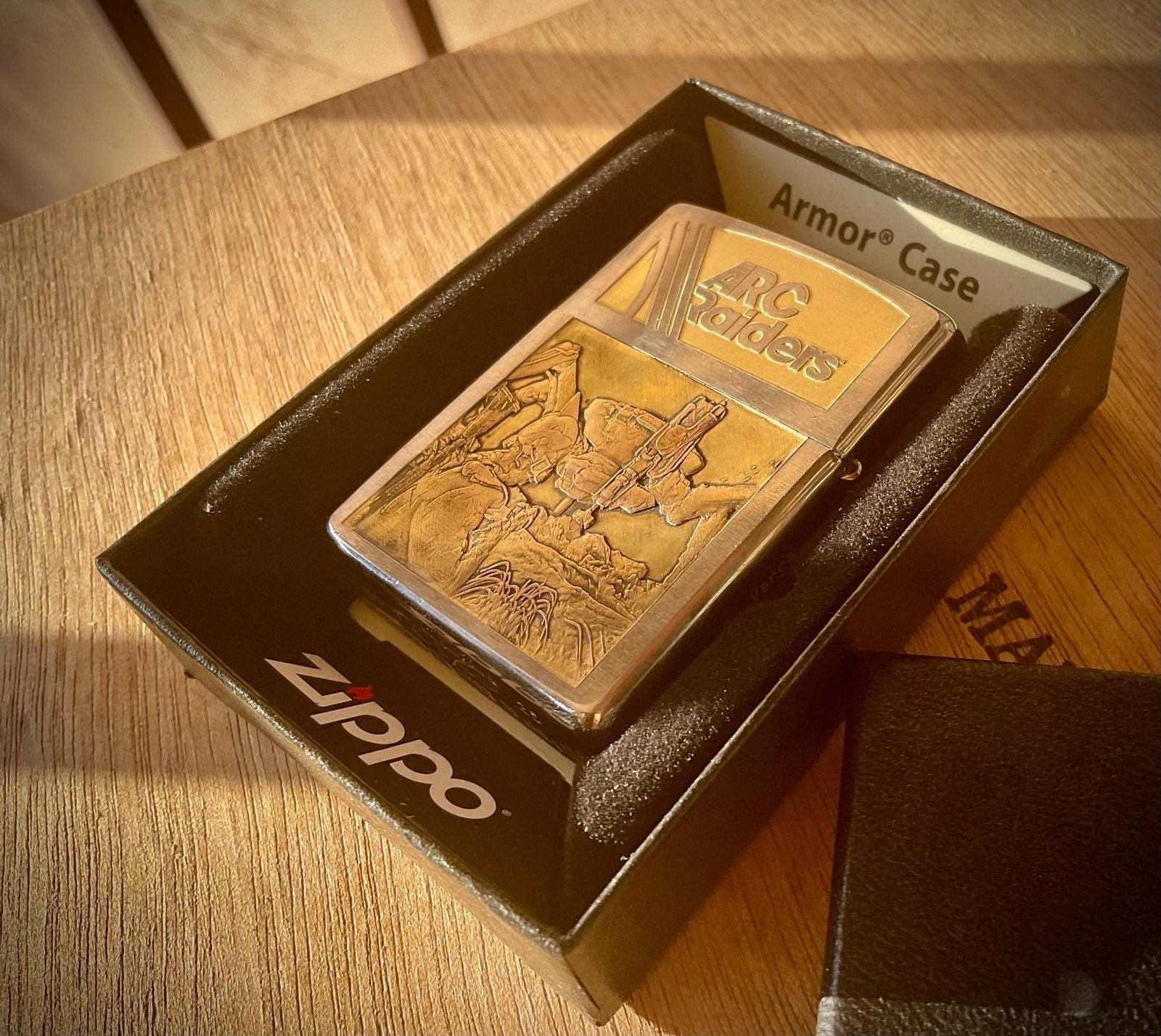 One-of-a-Kind ARC Raiders Zippo – Deep Engraved Brass Armor Case – Signed & Serialized Collector Piece custom engraved custom lighter shown in product photos by The Steel Canvas SKU ZIP-ARK-01