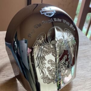 RARE FIND Engraved Harley Horn Cover — Winged Skull Engraving • One-of-a-Kind Harley Touring models: 1993-2023 custom engraved motorcycle accessory shown in product photos by The Steel Canvas SKU HD-HORN-01