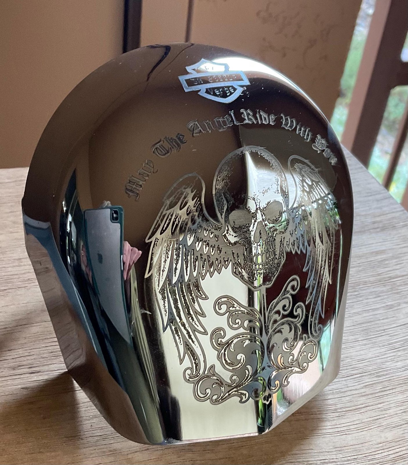 RARE FIND Engraved Harley Horn Cover — Winged Skull Engraving • One-of-a-Kind Harley Touring models: 1993-2023 custom engraved motorcycle accessory shown in product photos by The Steel Canvas SKU HD-HORN-01