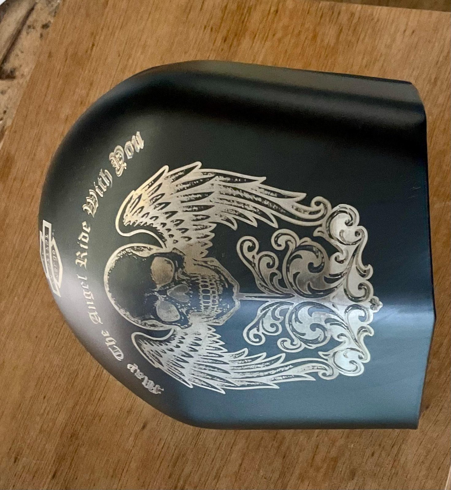 RARE FIND Engraved Harley Horn Cover — Winged Skull Engraving • One-of-a-Kind Harley Touring models: 1993-2023 custom engraved motorcycle accessory shown in product photos by The Steel Canvas SKU HD-HORN-01